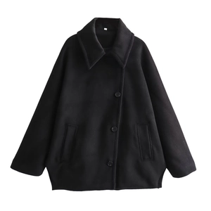 Women's minimalist black wool blend short coat featuring large lapels and button closure