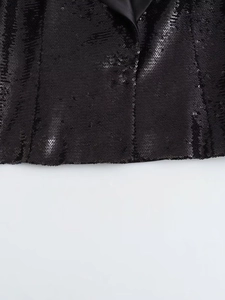 French style Y2K black sequined cropped blazer with satin lapels in close-up view