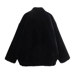 Women's black faux fur bomber jacket with high collar and loose silhouette back view
