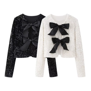 Haut Court à Paillettes Y2K pour Femmes Manches Longues Col Rond Cardigan Nœud Papillon Veste Scintillante pour Fête
