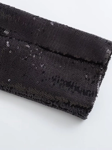 Y2K French style black sequin cropped cardigan with long sleeves and reflective texture