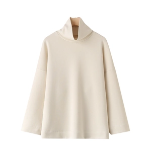Women's cream white rib-knit high collar sweatshirt with drop shoulder and loose fit design