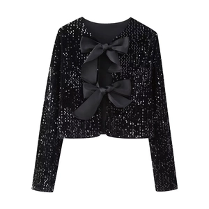 Haut à paillettes ajusté de style Y2K pour femmes avec manches longues et nœuds en satin