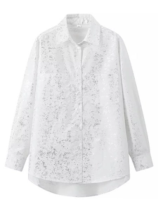 Y2K Silver Foil Splatter Printed Long Sleeve Shirt For Women Oversized Button Down Lapel Blouse Streetwear Party Top
