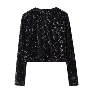 Cardigan court Y2K noir à paillettes pour femmes avec manches longues et nœud papillon
