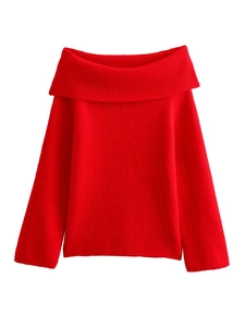 Detail view of red ribbed knit long sleeve off-shoulder sweater with vertical textures