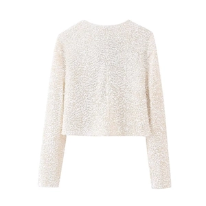 Veste courte pailletée Y2K pour femme à manches longues blanc crème pour fête