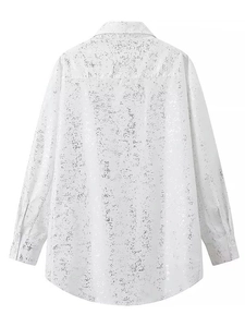 Y2K long sleeve shirt featuring white silver marble print and metallic sheen finish