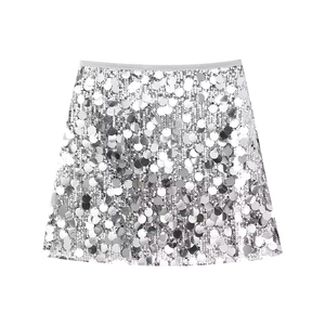 Mini-jupe à paillettes argentées style Y2K avec disques brillants et taille élastique