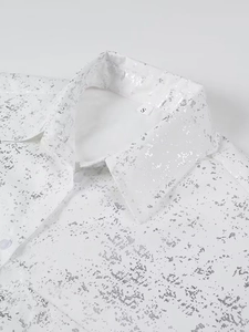 White long-sleeve shirt with Y2K metallic silver foil print and classic pointed collar