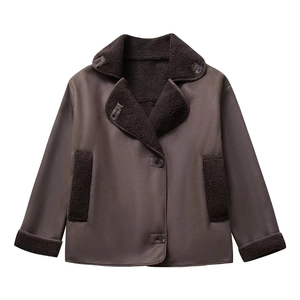Women Vintage Faux Suede Sherpa Lined Jacket Y2K Loose Casual Turn Down Collar Button Up Winter Brown Outwear Coat
