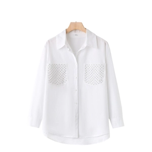 Women's white long sleeve poplin shirt with rhinestone pockets and a high-low hem