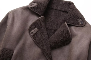 Detail of faux shearling collar and suede texture on a vintage brown button-up jacket