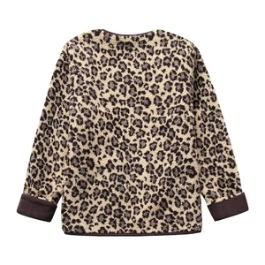 Back view of a loose Y2K leopard print fleece jacket with ribbed cuffs and hem