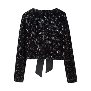 Y2K style black sequin cropped long sleeve top with elegant back ribbon tie design