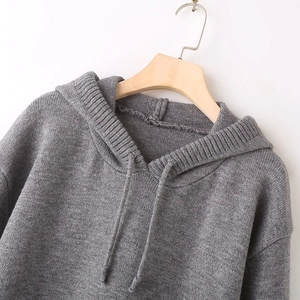 Deep grey knit hoodie for women with a vintage loose fit and minimalist drawstring detail