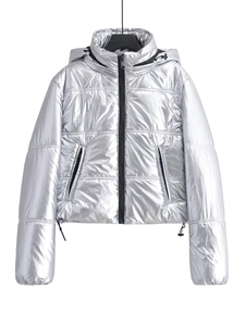 Veste Rembourrée à Capuche Argent Métallisé Y2K Femme Streetwear Brillant Manteau Puffer Court Coupe-vent Hiver
