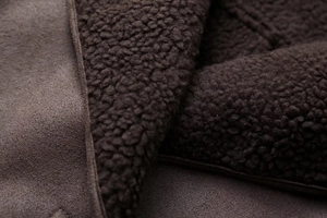 Detailed close-up of dark brown suede texture and thick faux sherpa lining on a jacket