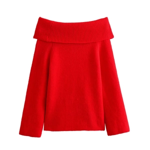 Slim fit red off-shoulder knitted sweater for women with ribbed texture and long sleeves
