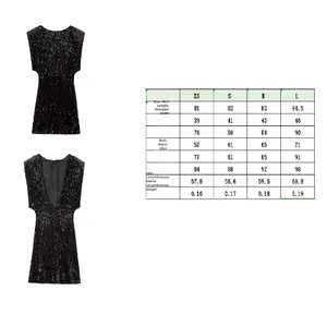 Tableau des tailles détaillé pour la mini-robe noire à paillettes sans manches Y2K