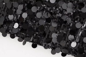 Détail macro de paillettes noires scintillantes sur un tissu en maille fine réfléchissant