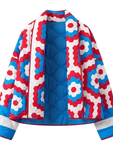 Vintage Y2K Women Geometric Floral Print Quilted Jacket Loose V-Neck Long Sleeve Cotton Padded Warm Coat Outerwear