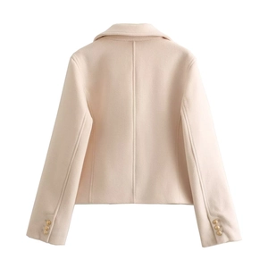 Back view of a beige slim-fit short coat with lapel collar and gold button details