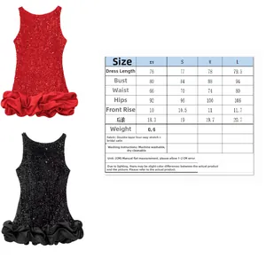 Guide des tailles pour mini robe à paillettes Y2K avec mesures en CM et détails du tissu