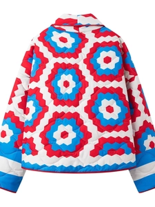 Retro geometric floral print quilted jacket in red and blue with a V-neck and boxy cut