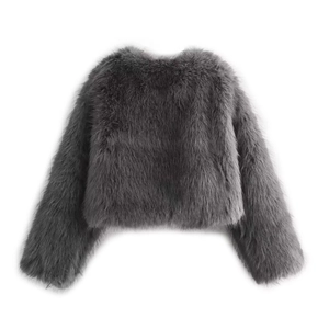 Elegante chaqueta corta de piel sintética gris para mujer con cuello redondo y textura