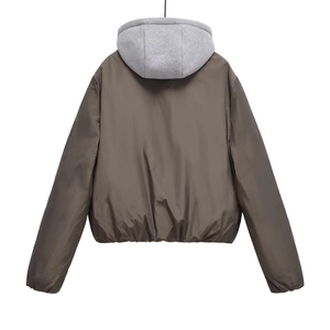 Back view of a Y2K padded jacket in olive green with a grey detachable hood
