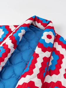 Y2K vintage quilted V-neck jacket with red blue geometric print and thick lining