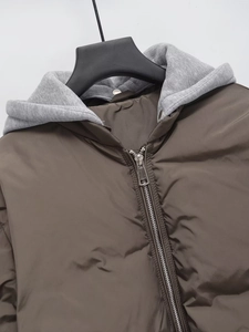 Y2K hooded puffer jacket with brown quilted fabric and gray knit detachable hood