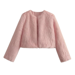 Veste courte élégante Y2K en fausse fourrure rose clair avec doublure lisse et soyeuse