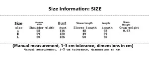 Size chart for the Y2K cropped wool-like jacket showing measurements in centimeters