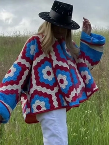 Y2K retro patchwork quilted jacket with colorful hexagon flower pattern and loose fit
