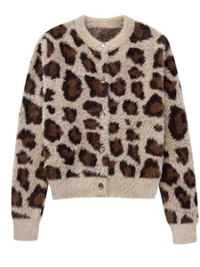 Damen Mode Leopard Druck Strickjacke Plüsch Knopf Strickpullover Jacke Streetwear Casual Rundhals Langarm Außenbekleidung