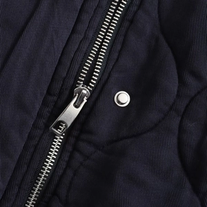 Y2K navy blue padded bomber jacket with premium silver zipper and metallic snap detail