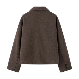 Back view of brown wool blend cropped jacket featuring collar and buttoned cuffs