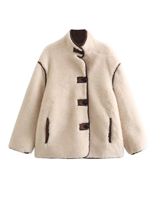 Women Faux Shearling Jacket Contrast Trim Loose Standing Collar Button Warm Fleece Casual Streetwear Autumn Winter Outerwear
