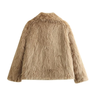 Back view of a fluffy light brown faux fur jacket with thick plush texture and lapel