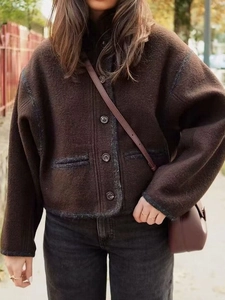 Women Vintage Dark Brown Short Jacket Loose Y2K Streetwear Outerwear With Contrast Piping Pockets Single Breasted Casual Autumn Coat