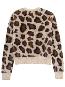 Kurze Leopardenmuster-Strickjacke aus flauschigem Strick mit rundem Ausschnitt für Damen