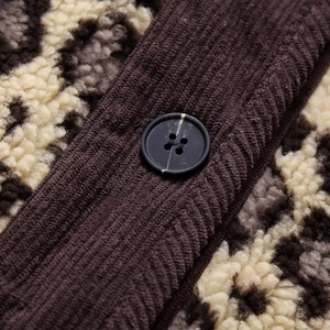 Y2K Leopard print fleece jacket featuring corduroy texture and marble buttons for winter