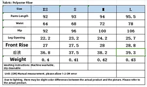 Size chart table for Y2K pinstripe pants with detailed measurements in centimeters