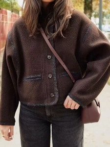 Short loose fit Y2K dark brown fleece jacket with grey trim for minimalist casual style