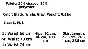 Size chart for women's A-line mini skirt detailing S, M, L measurements and fabric content