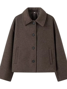 Women Casual Faux Wool Short Coat Lapel Single Breasted Loose Streetwear Brown Winter Warm Outerwear With Pockets Jacket