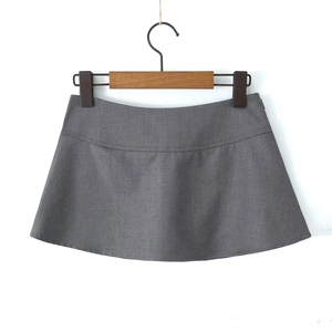 Detail view of grey A-line mini skirt showing fabric texture and side invisible zipper