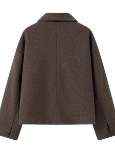 Short dark brown wool jacket with drop shoulder and cuff button detail from the back